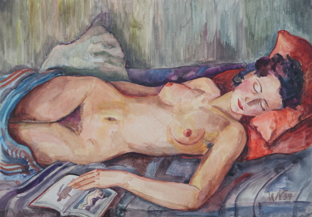 Schlafende Charlotte auf rotem Kissen, 1939, Aquarell, 70 x 50 cm