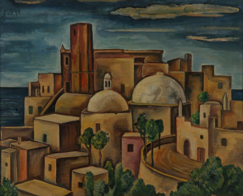 An der italienischen Küste, Ort mit Turm, 1933, Öl auf Karton, 59 x 47 cm